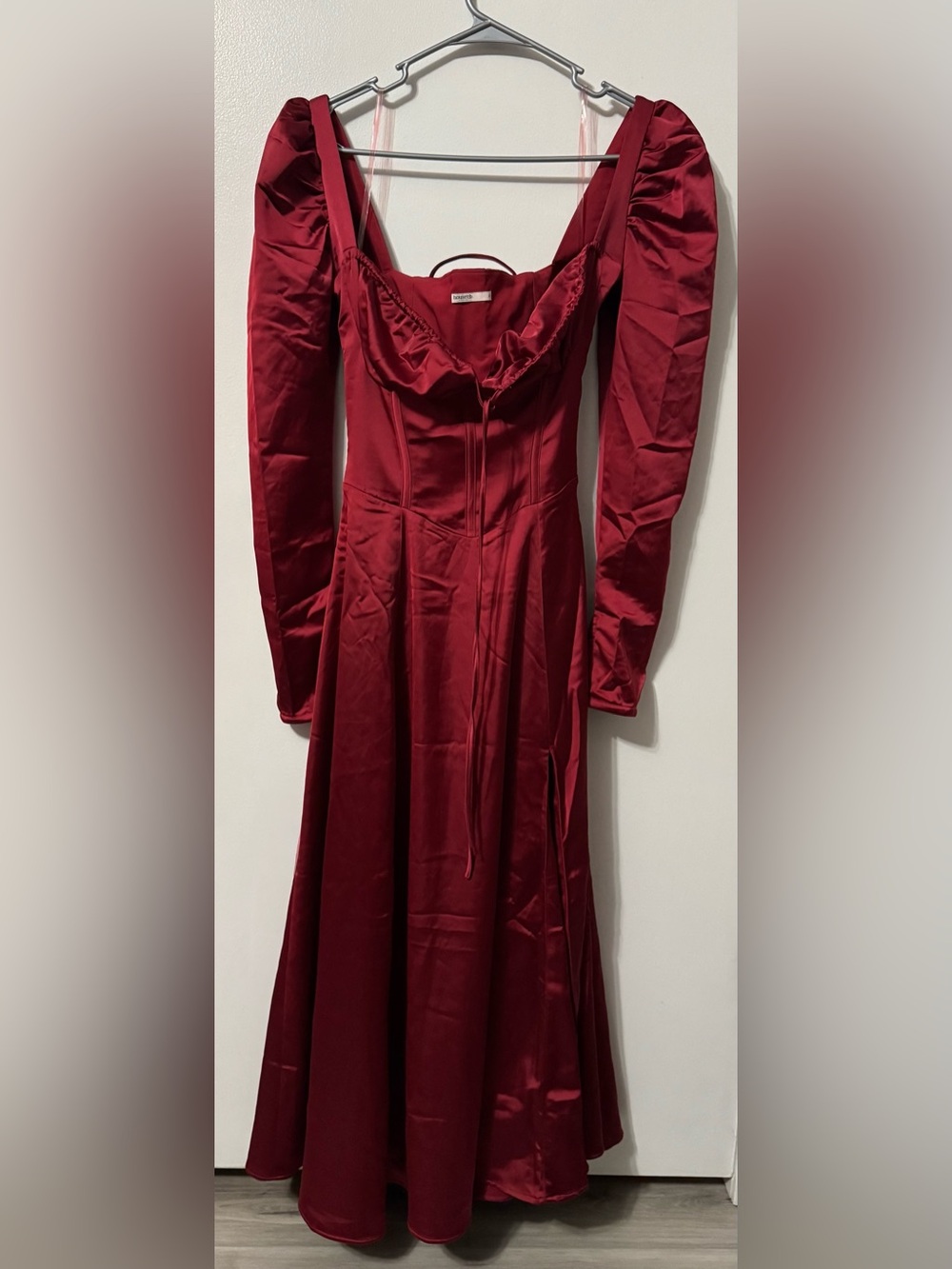 House of CB Wine Red Long Sleeve Satin Midi Dress